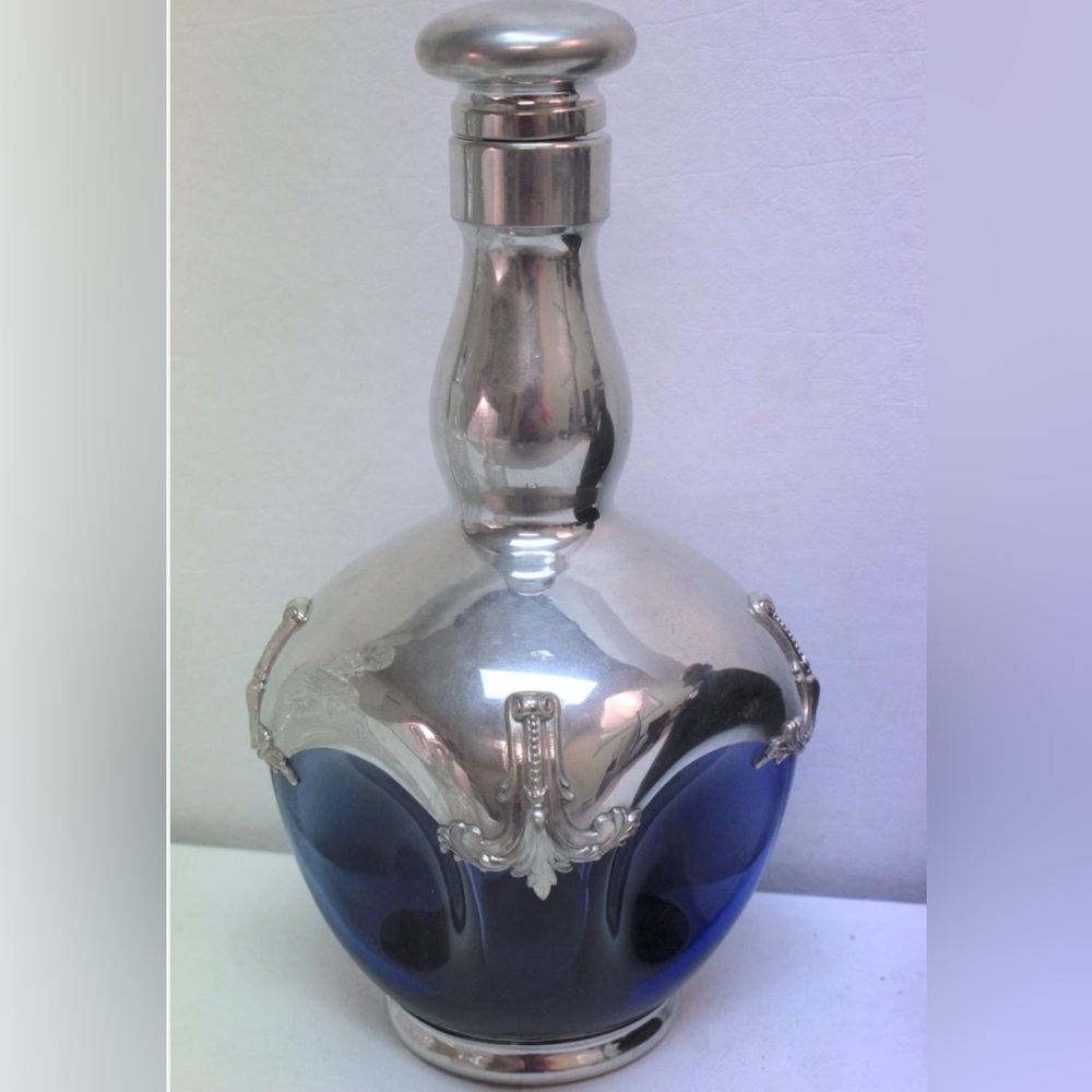 Antique / Vintage Malta Decanter Cobalt Blue Glass and Pewter Made in France